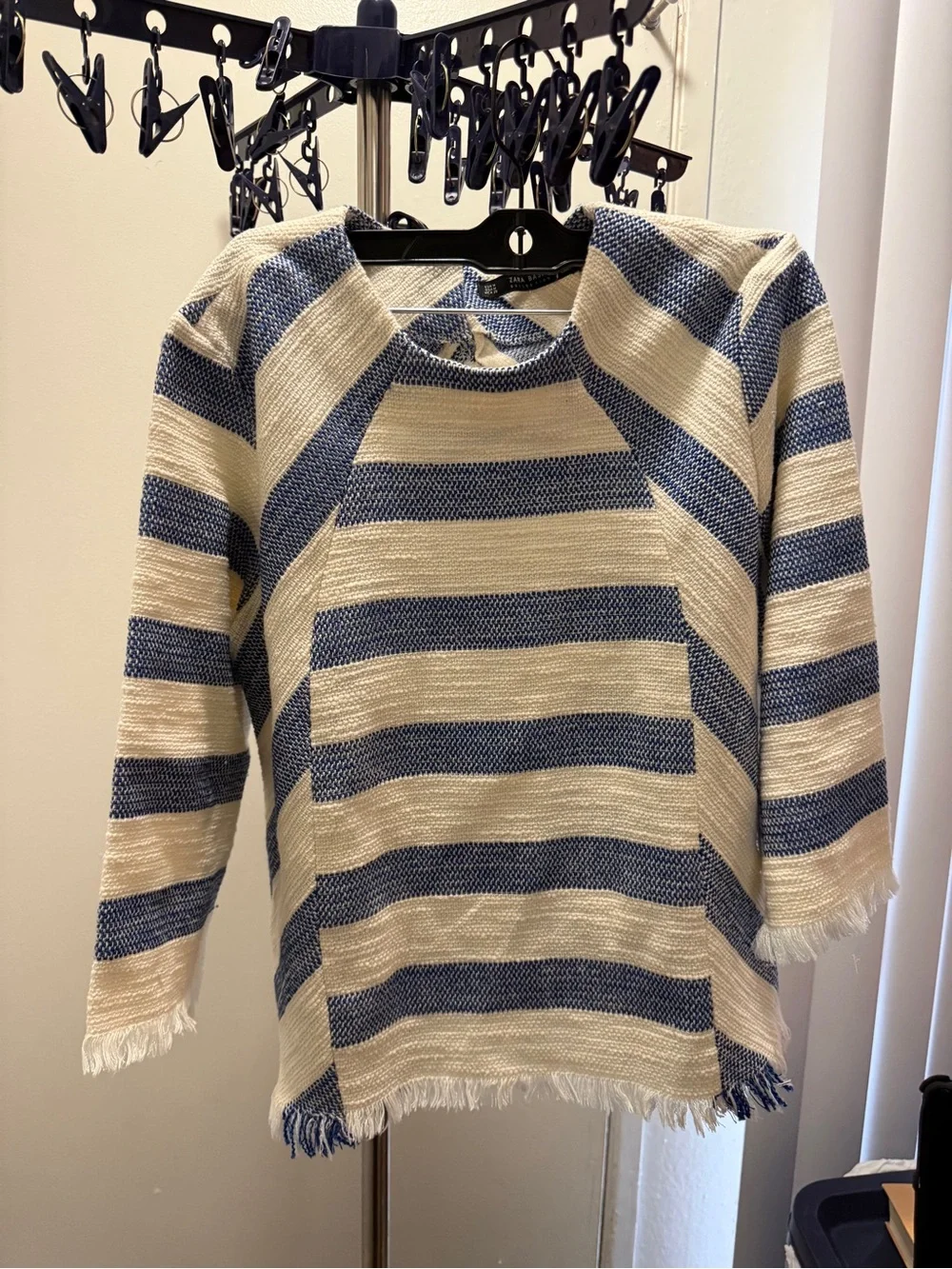 Zara Basic Collection Women’s M Blue Cream Striped Fringe Woven Pullover Top